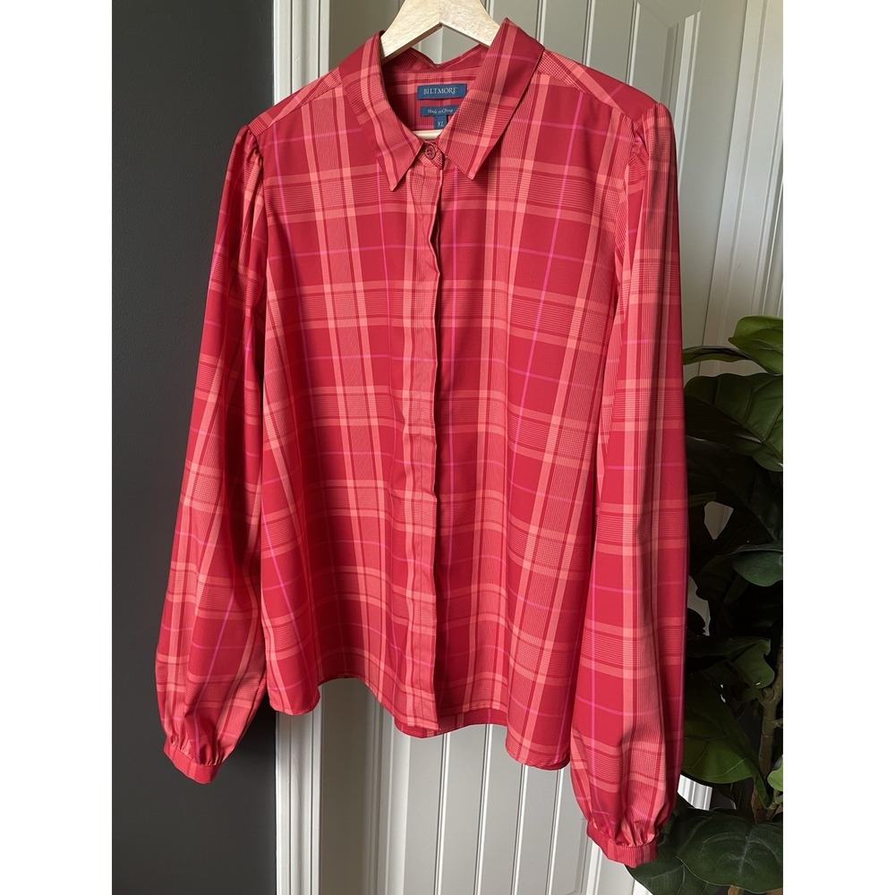 Biltmore Plaid Shirt Long Puff Sleeve Hidden Button Front Red Pink Women's XL